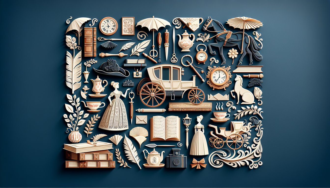Paper art illustration for Jane Austen personality quiz on a dark blue background