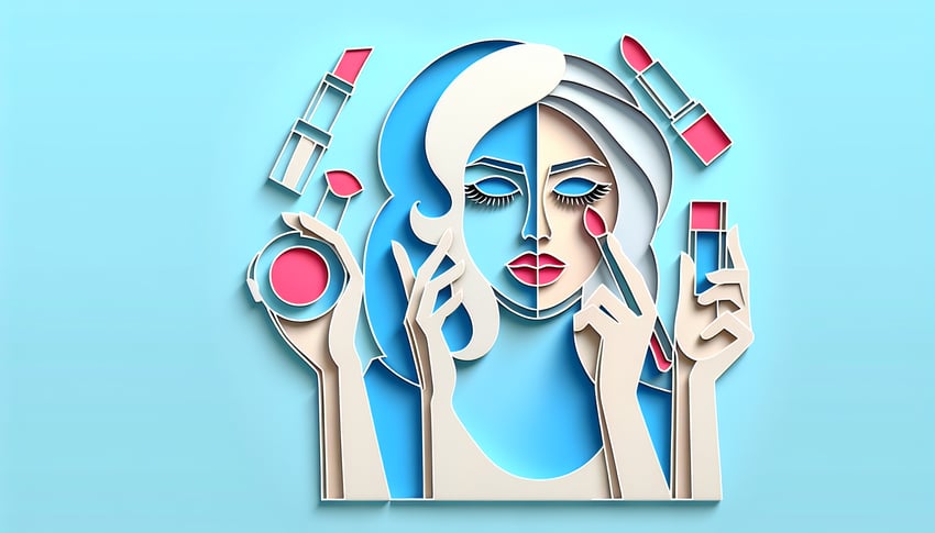 paper art brushes lipstick icons quiz elements sky blue background referencing James Charles trivia challenge