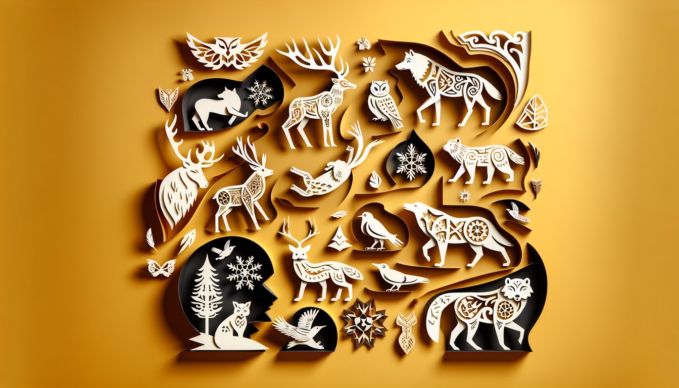 paper art scene with stylized nordic animals on golden yellow background for norse spirit animal quiz