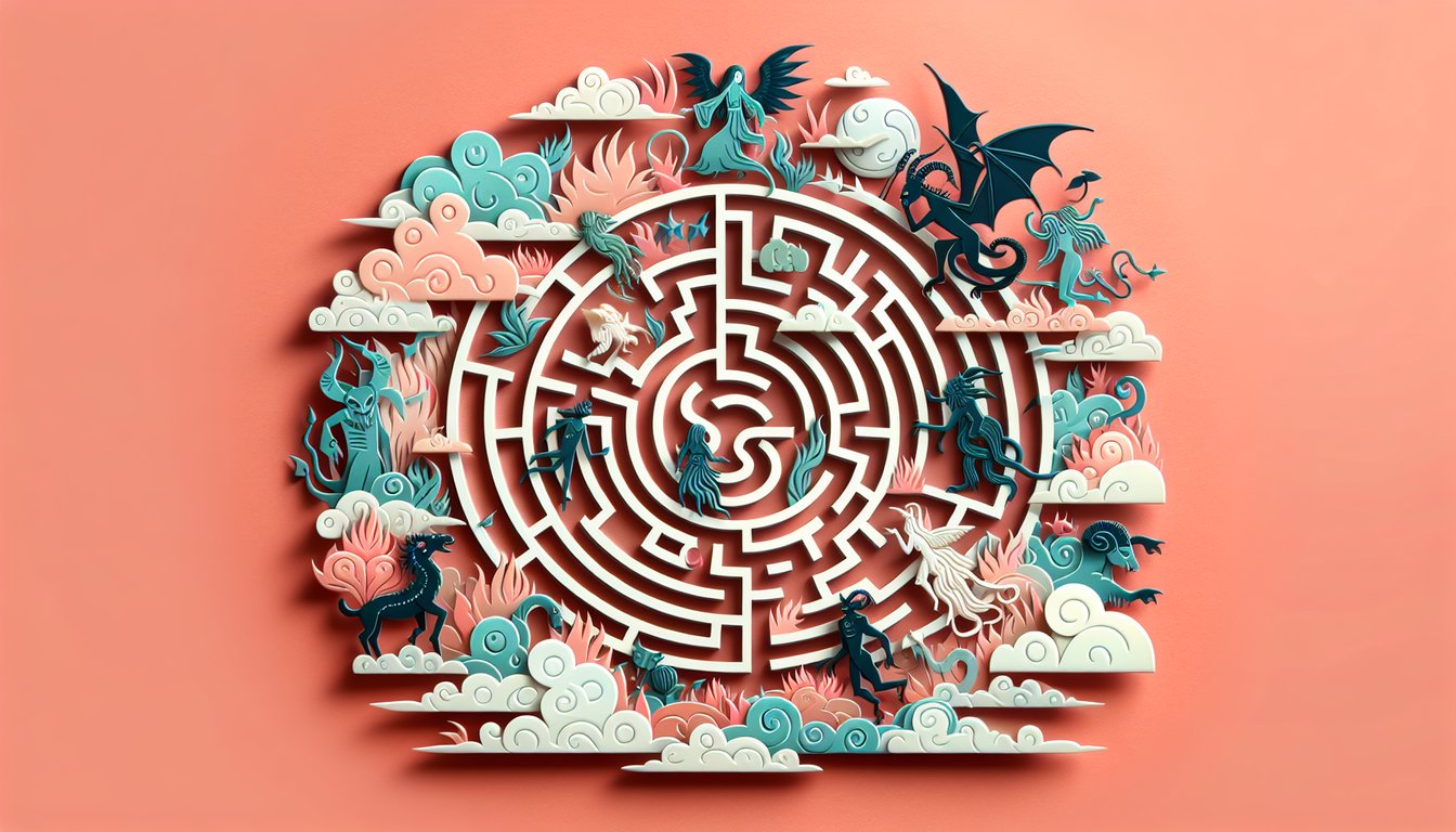 paper art illustration of Pans Labyrinth faun toad and young girl silhouettes on coral background