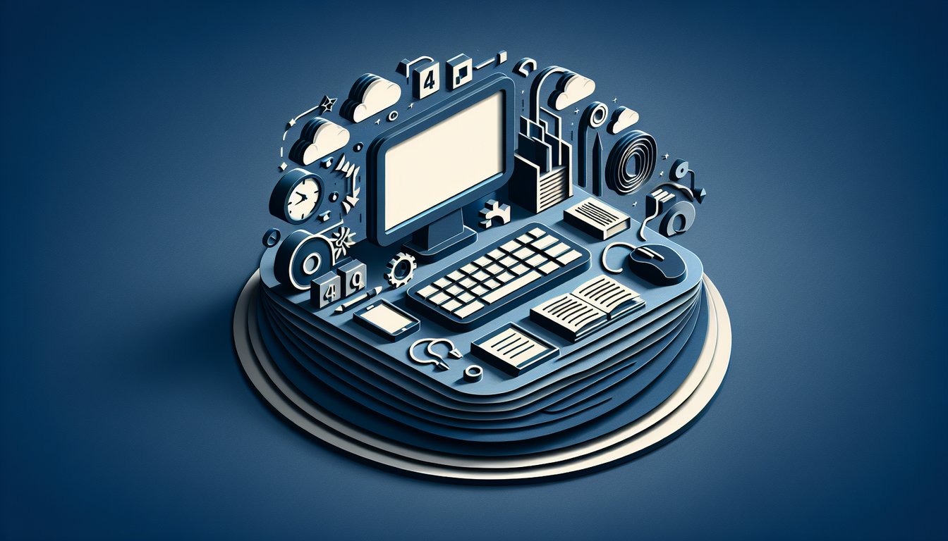 Paper art scene with a laptop keyboard mouse books and gears for a 4th grade computer basics quiz on dark blue background.