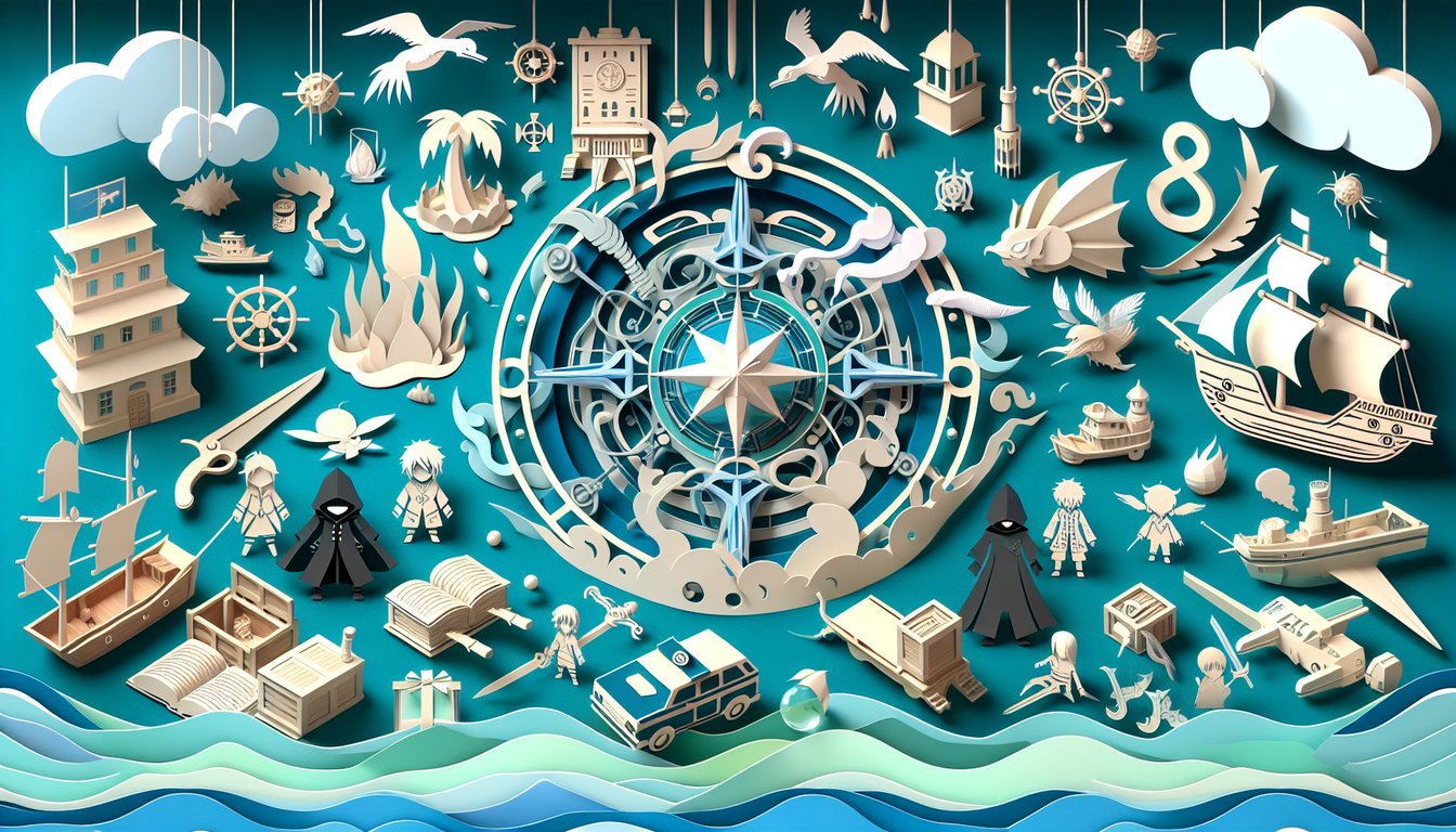 Paper art illustration for One Piece trivia quiz on teal background