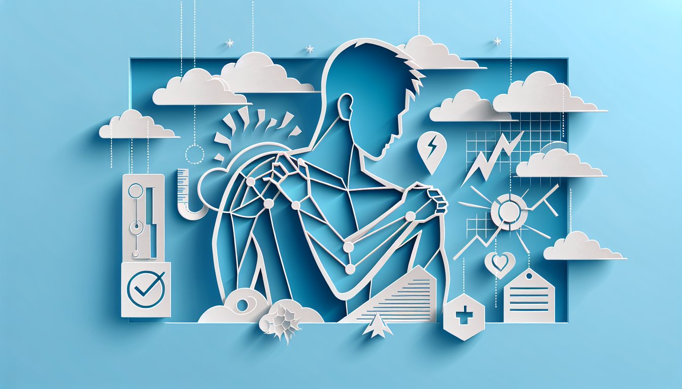 Paper art illustration of a shoulder and quiz elements on sky blue background representing a shoulder pain quiz
