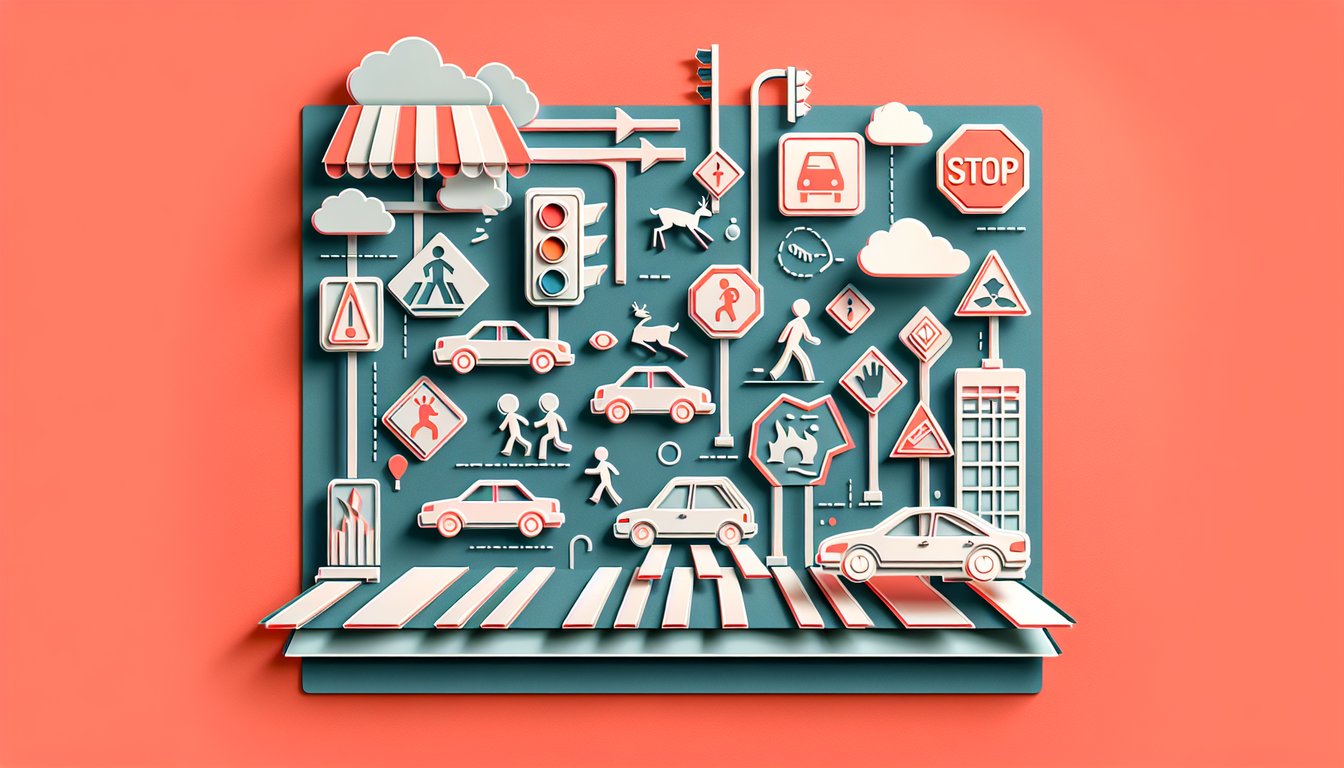 Paper art scene shows a car driver at a quiz board with traffic signs and hazard icons on coral background.