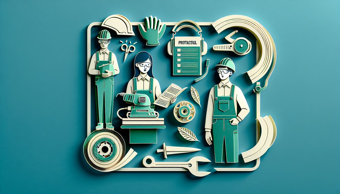 Paper art illustration with belt disc sander and safety icons on teal background for free belt disc sander safety quiz