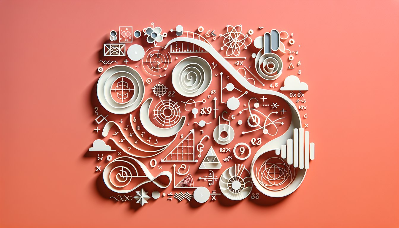 Paper art style composition of logarithm symbols and quiz icons on coral background