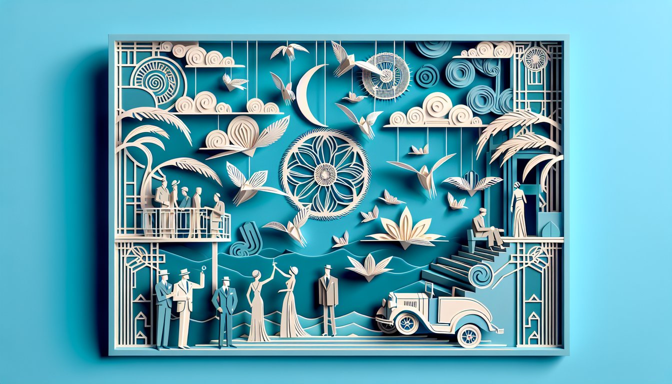 Paper art illustration for The Great Gatsby Chapter 3 quiz on sky blue background