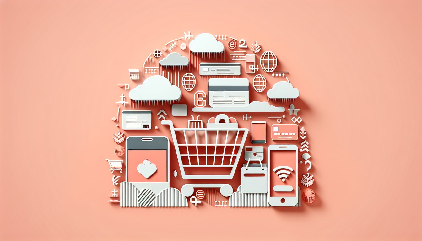 Paper art illustration e-commerce quiz theme with shopping cart laptop credit card on coral background
