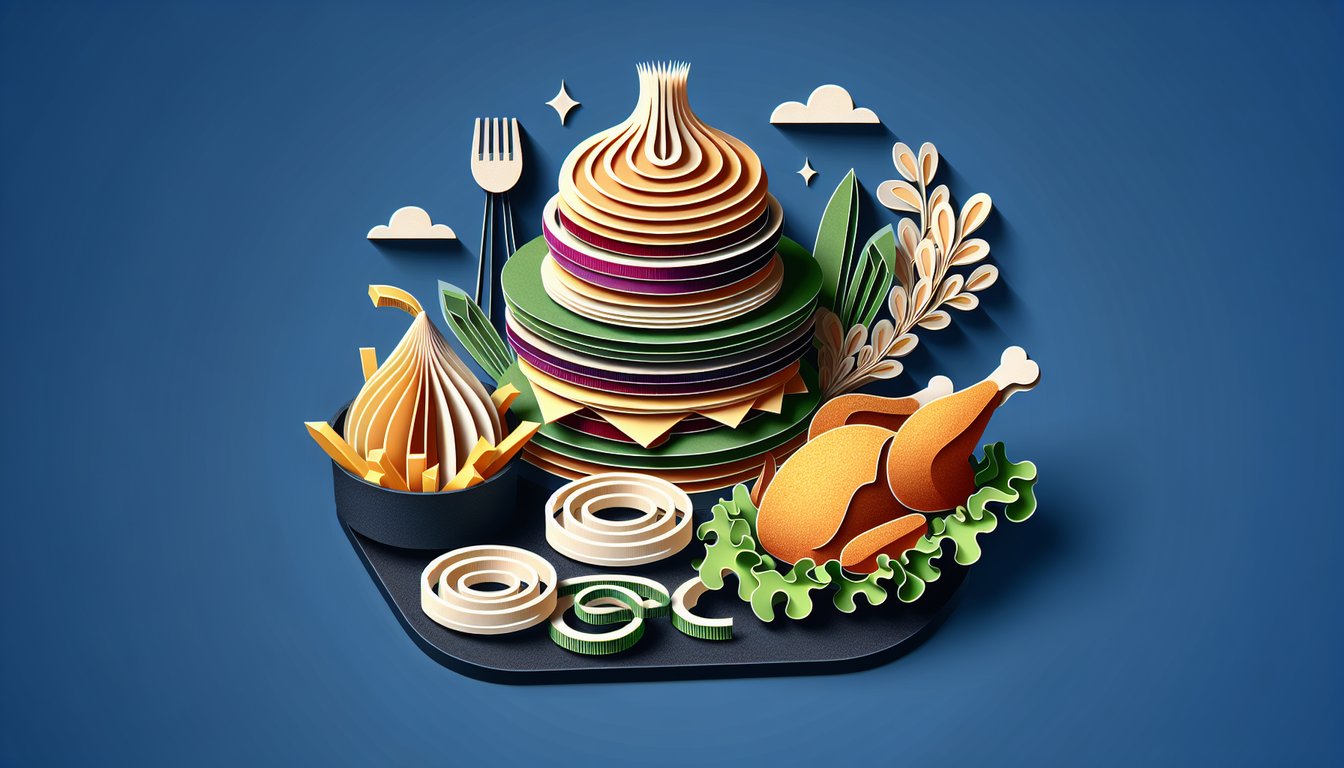 Paper art quiz illustration about Outback Steakhouse menu on dark blue background