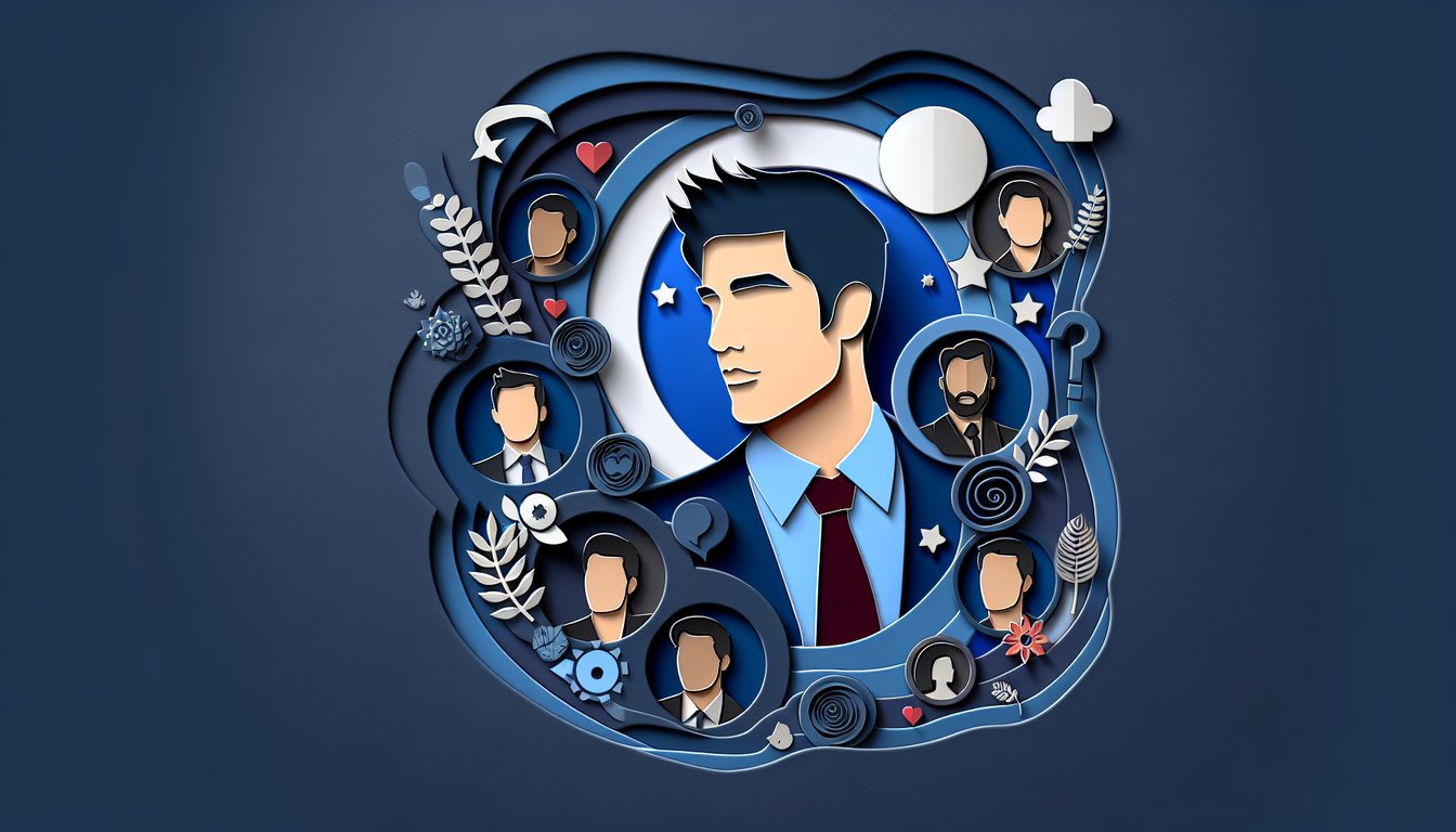 paper art hearts arrows and playful typography for dream guy quiz on dark blue background