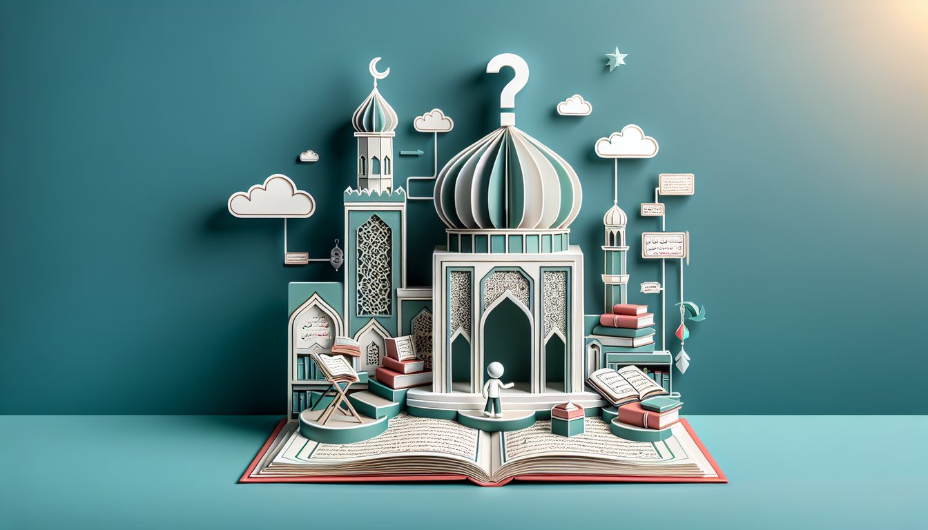 Paper art illustration for Islamic trivia quiz for kids on a teal background