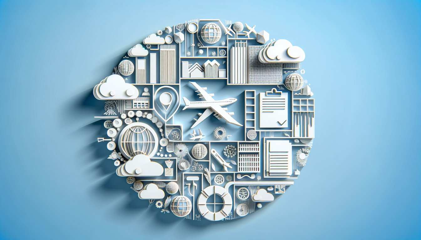 Paper art style travel icons expense receipts calculators boarding pass on sky blue background free scored SAP Concur quiz