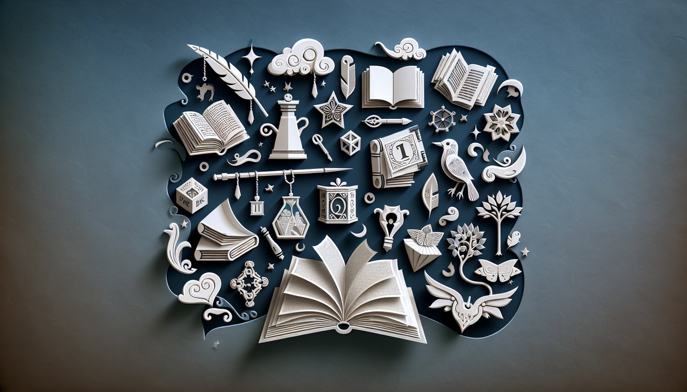 Paper art open book stacked books and question mark text Quiz Grade 5 Literature classic tales dark blue background