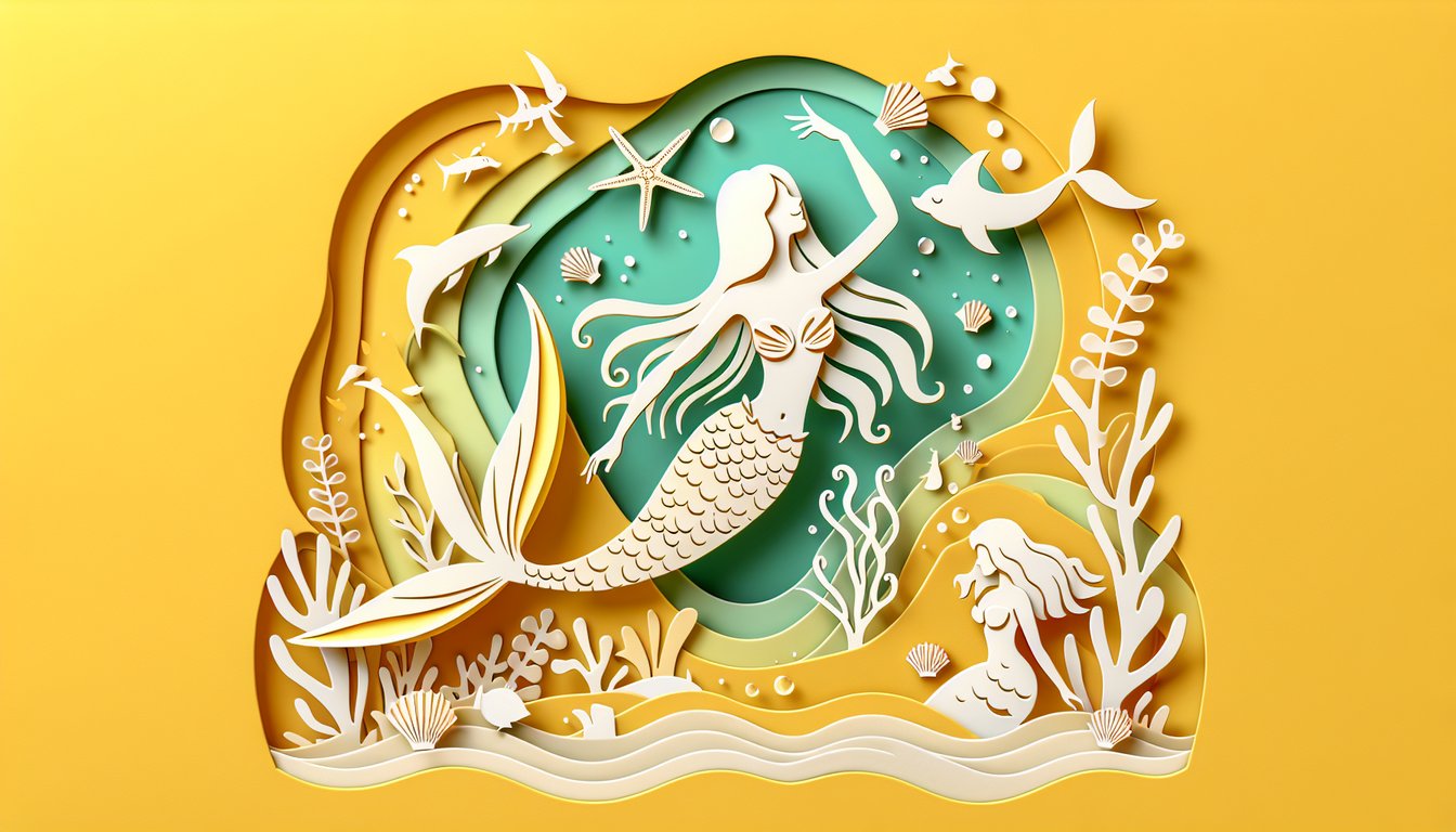 Paper art mermaid silhouette with layered waves shells corals on golden yellow background promoting mermaid personality quiz