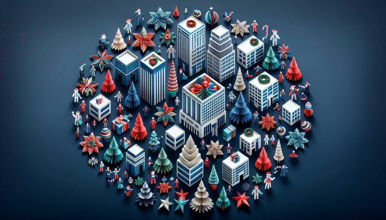 Colorful paper art depicting a corporate holiday team trivia quiz theme