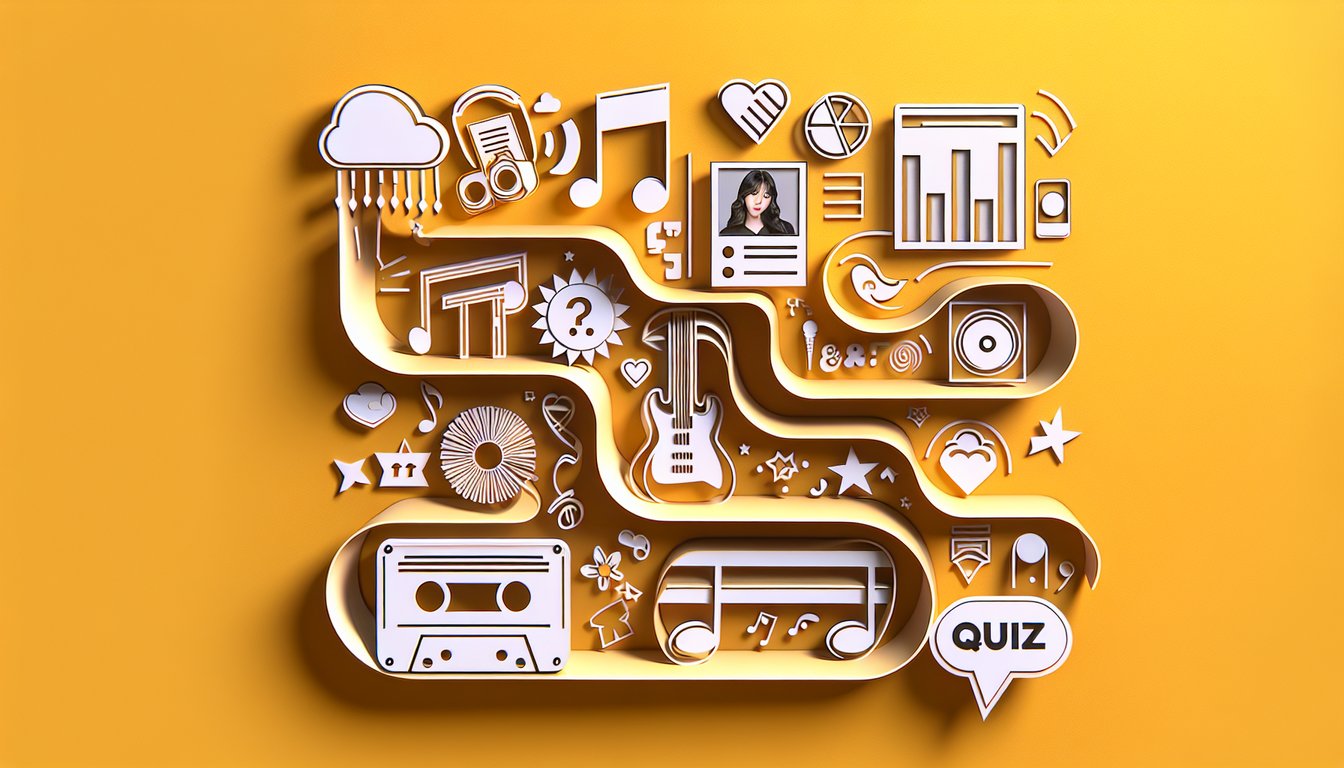 Paper art illustration of BTS song quiz theme with colorful paper shapes and text on golden yellow background