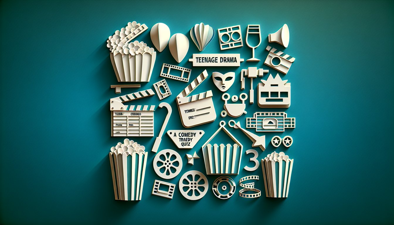 Paper art illustration for free Mean Girls trivia quiz with scenes, quotes, characters on teal background.
