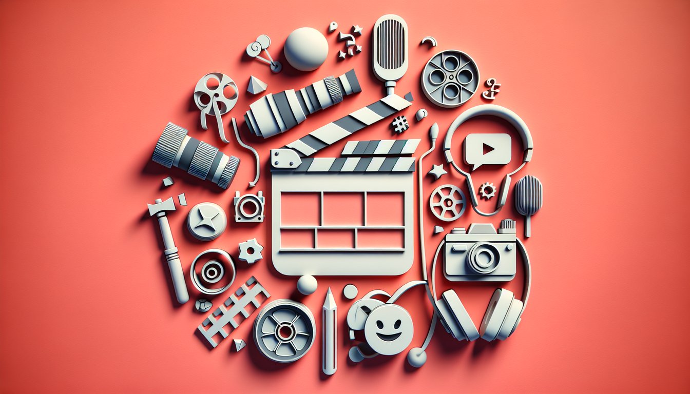 Paper art collage on coral background with YouTube icons hosts microphones charts representing personality quiz