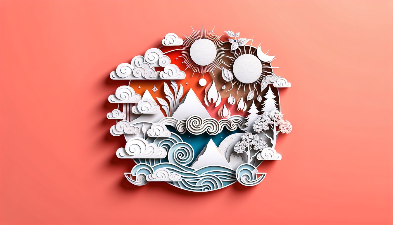 Paper art illustration for Feng Shui elements personality quiz on coral background