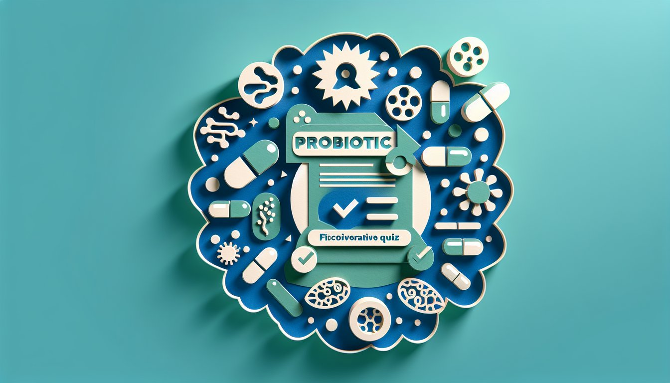 Paper art illustration for Discover your ideal probiotic quiz on teal background with bacteria icons and question marks