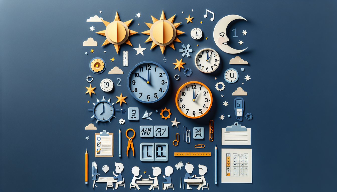 Paper art promoting AMPM Time Challenge quiz for elementary and middle school students.