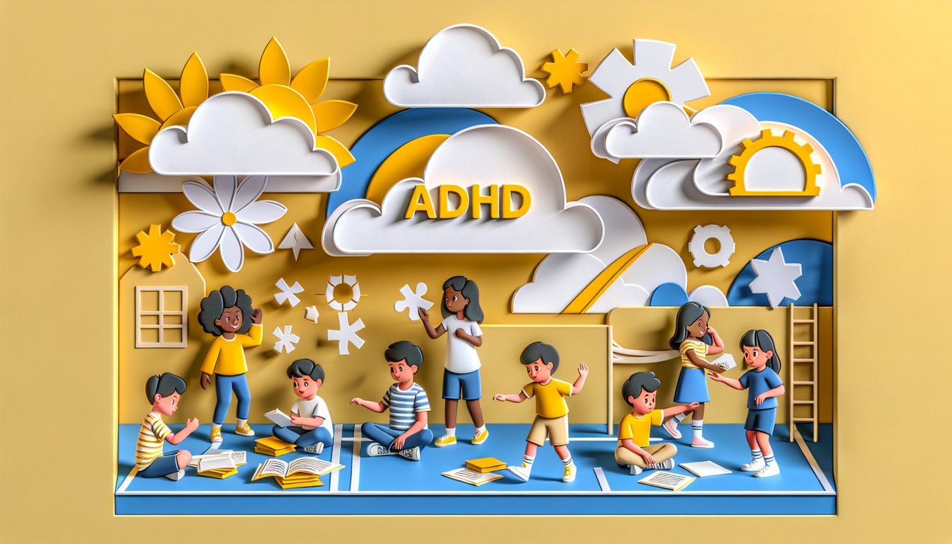 Paper art illustration of children taking a quiz to spot ADHD signs in seven year olds on a golden yellow background