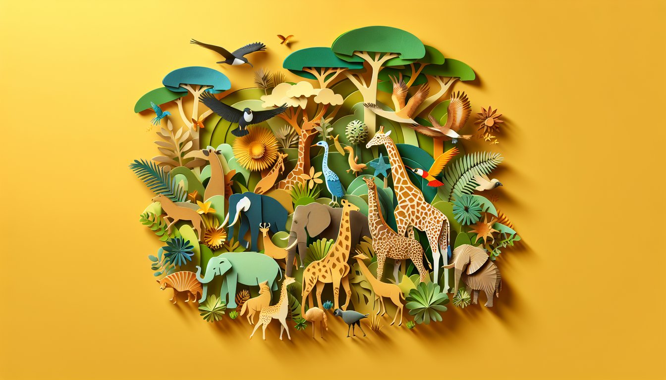 Paper art animals surrounding True or False Animal Questions quiz banner on golden yellow background.