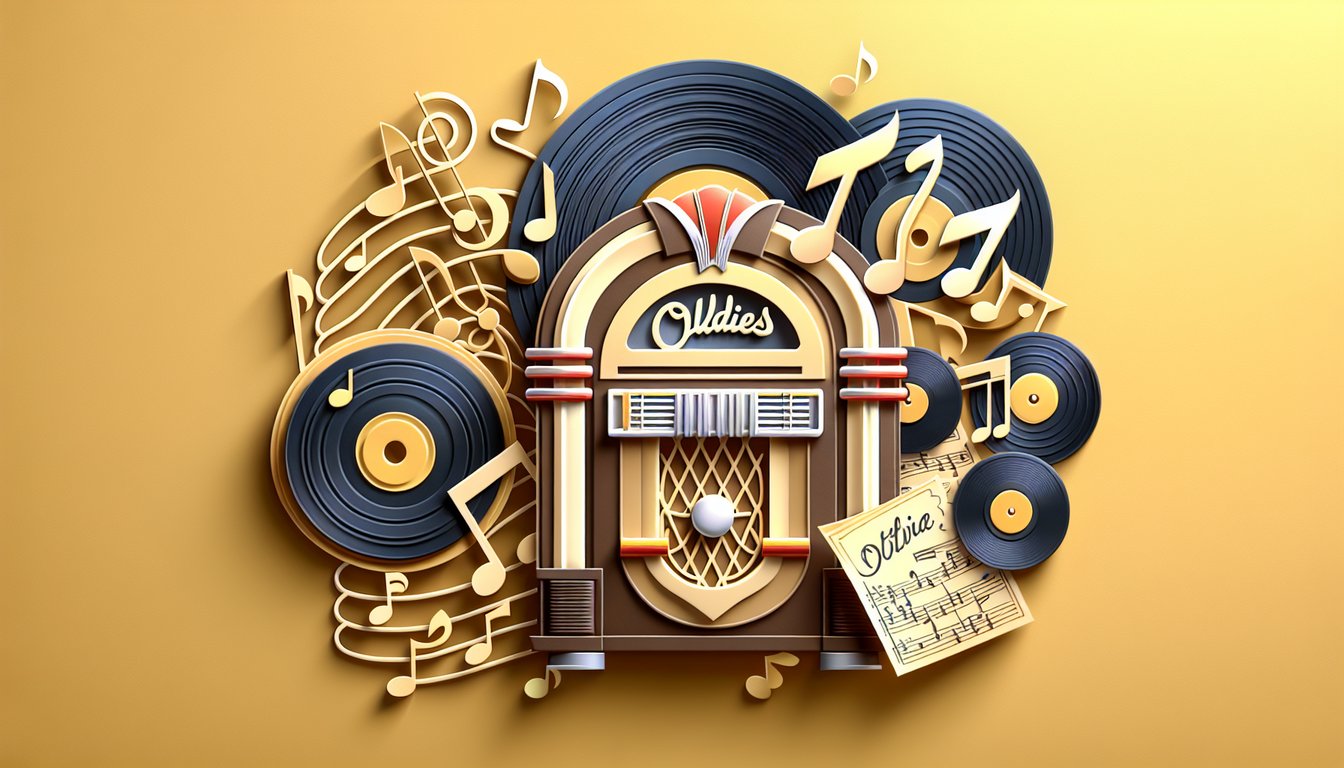 Paper cut style vinyl record jukebox music notes oldies trivia quiz promotional graphic on golden yellow background.