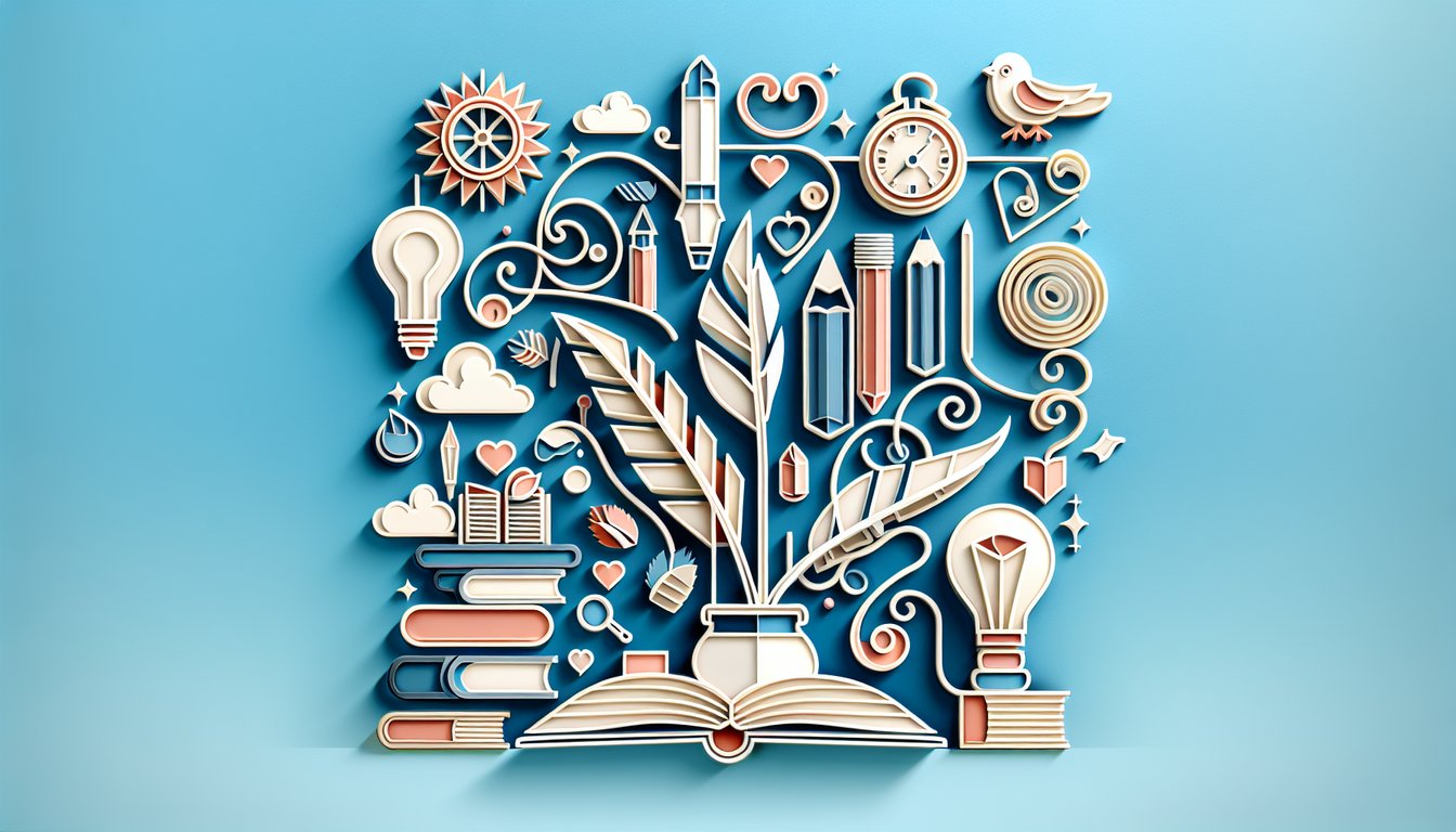 Paper art illustration for a poetry knowledge quiz on a sky blue background