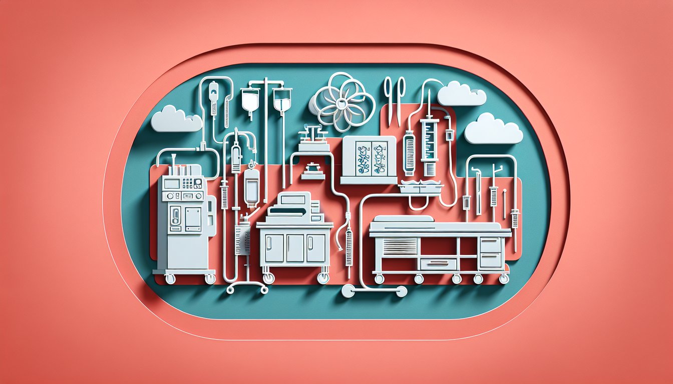 Paper art illustration showing sterilization instruments and quiz prompts testing CSSD knowledge on coral background.