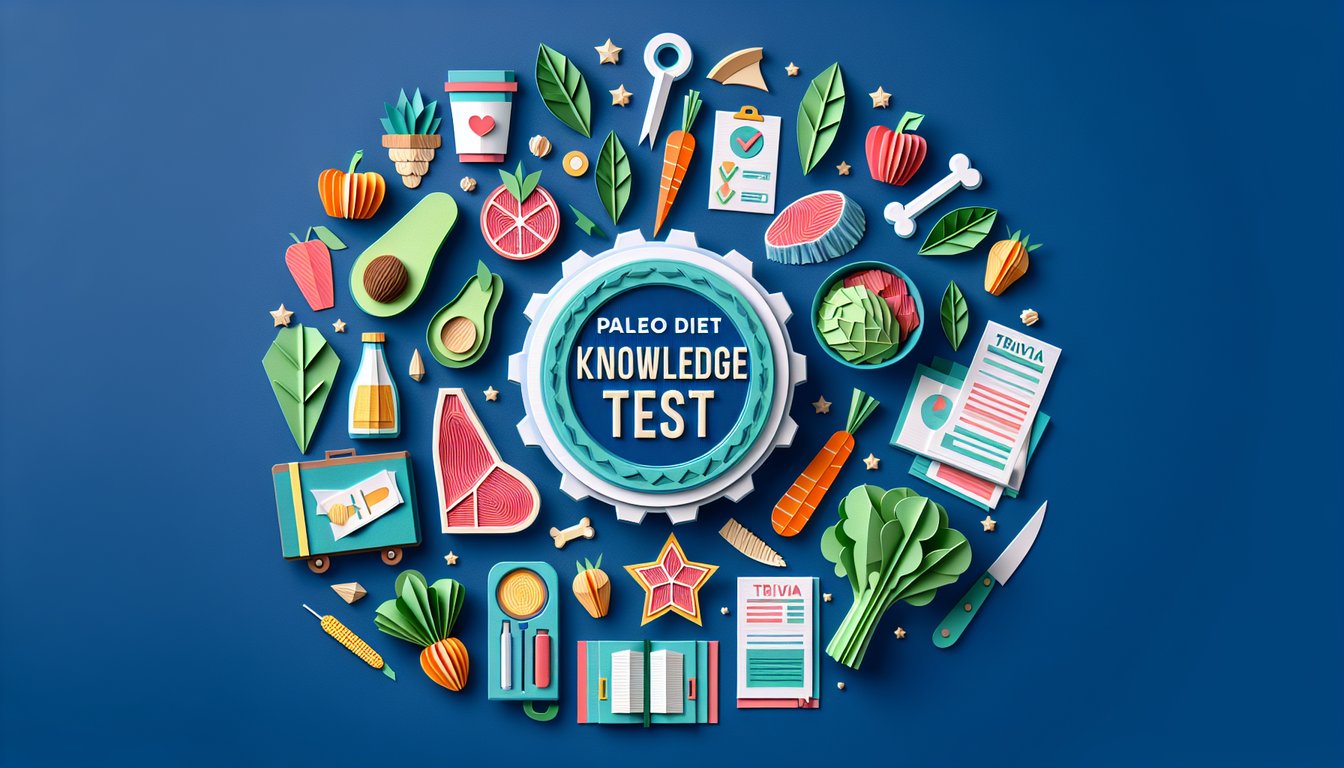Colorful paper art depicting elements related to Paleo diet for a knowledge test quiz