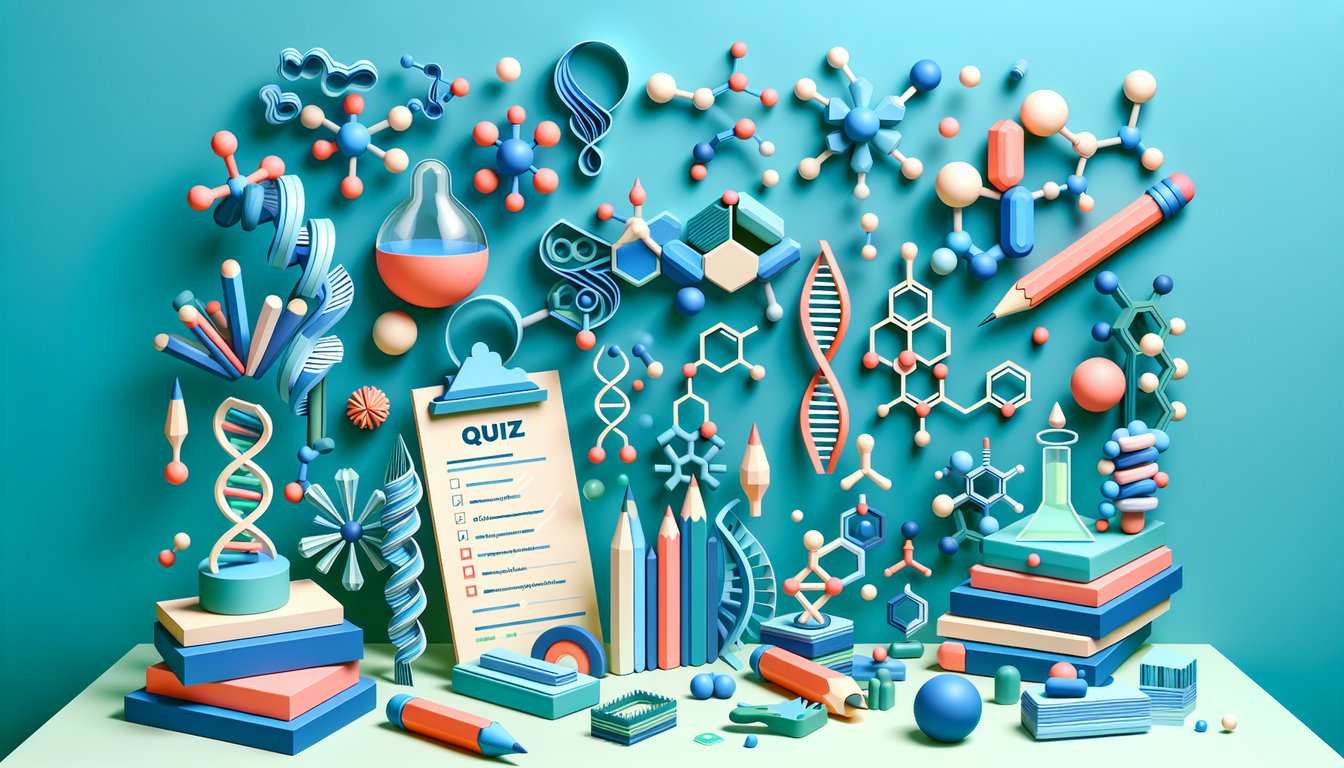 Paper art illustration for biomolecules quiz on proteins, lipids, nucleic acids, carbs on teal background