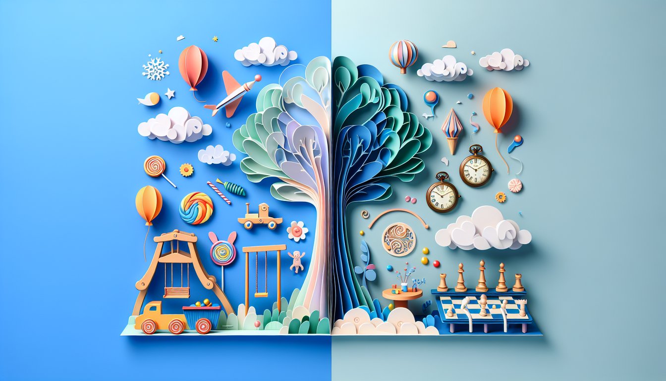 Paper art illustration for age guessing quiz with personality questions on sky blue background