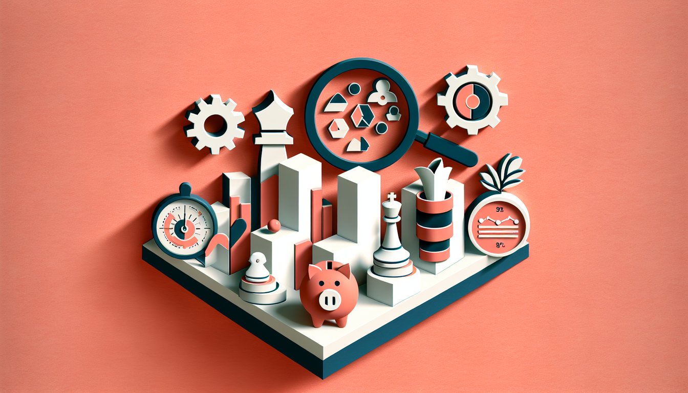 Paper art illustration for a Business Exam Practice quiz on a coral background