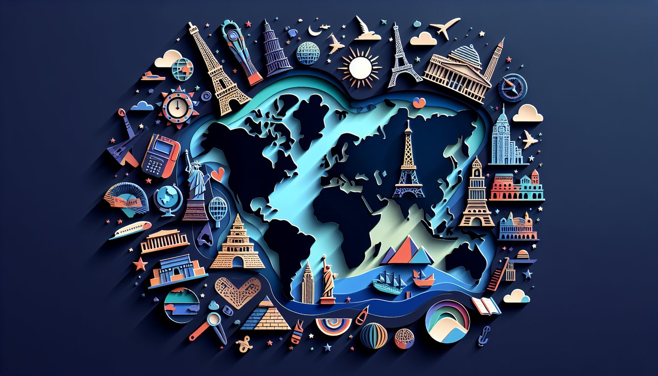 Paper art world map with landmarks quiz icons and text for free daily geography challenge on dark blue background