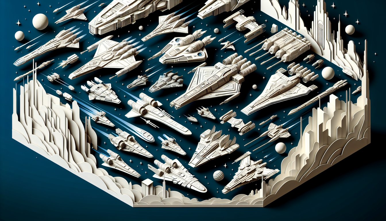 Paper art illustration quiz banner featuring white Star Wars ship silhouettes on dark blue background