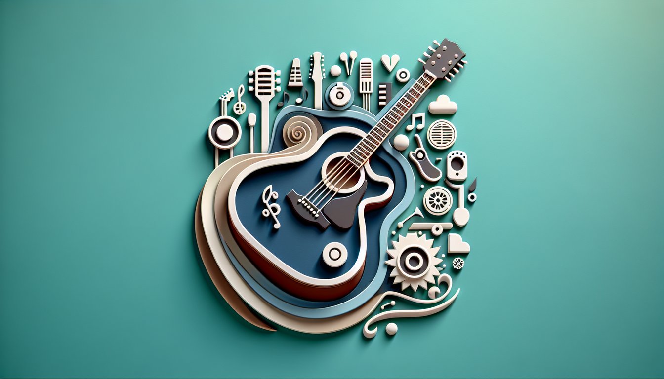 Paper art on teal background with layered acoustic guitar shapes, playful quiz lettering inviting style personality match