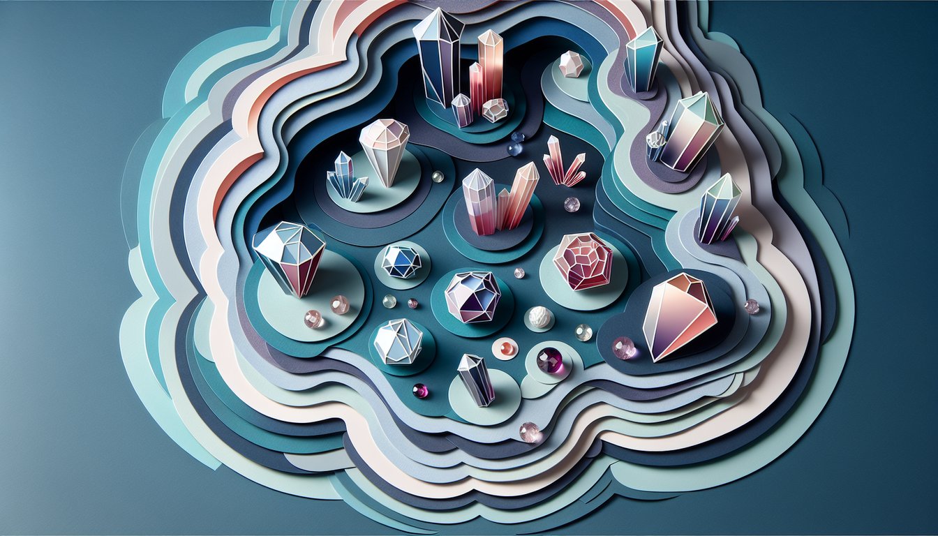 Paper art illustration of gemstones crystals and minerals on dark blue background with free mineral identification quiz text