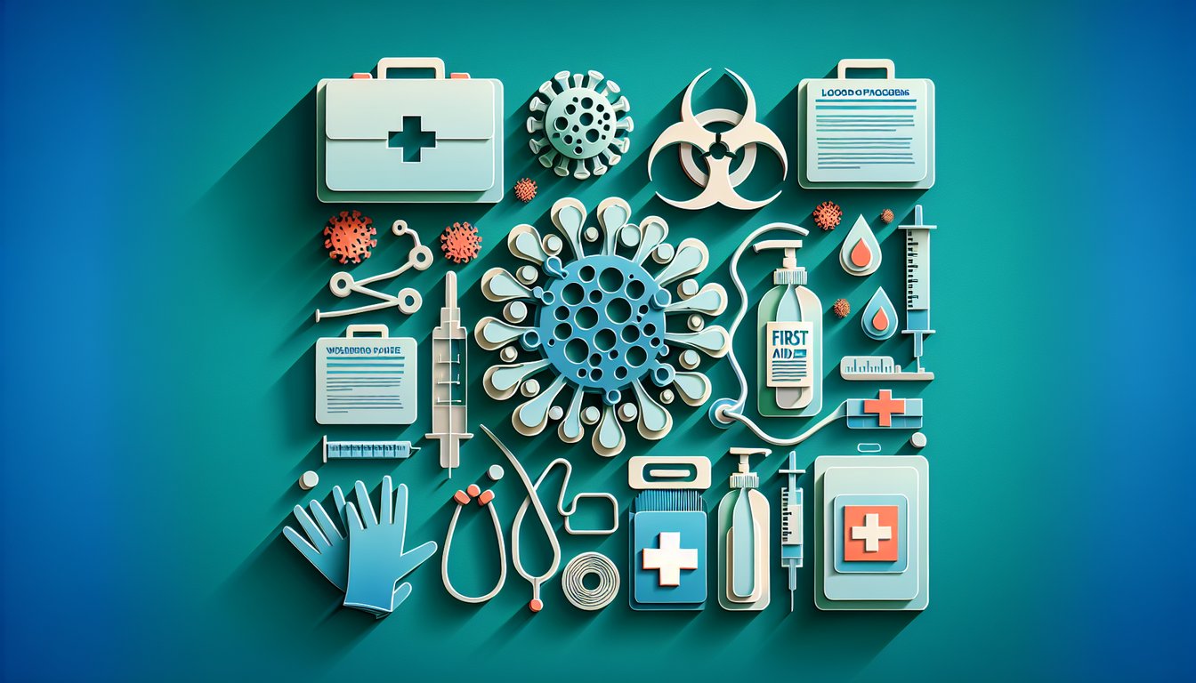Paper art quiz illustration with safety symbols for workplace bloodborne pathogens on teal background