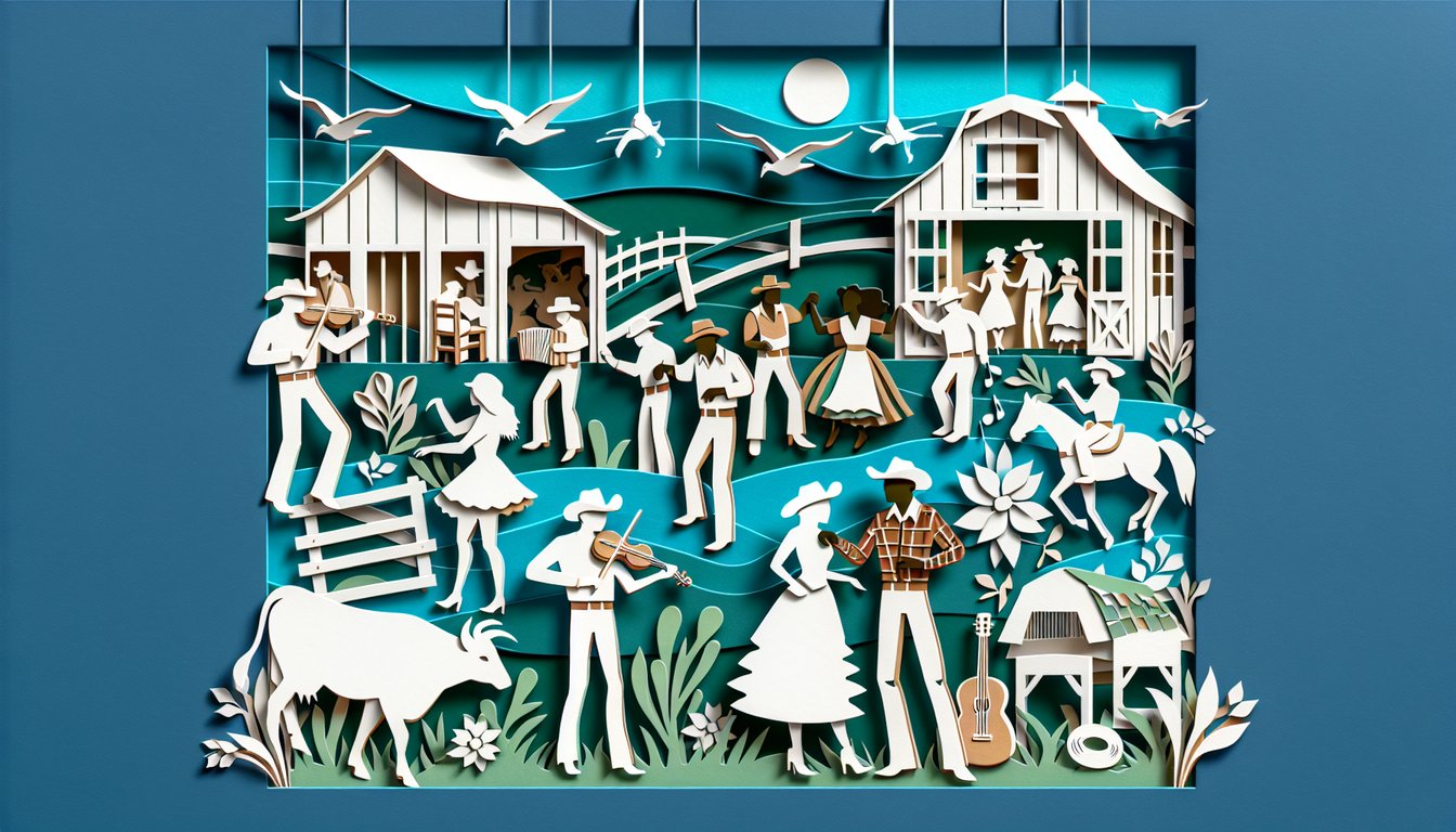 Paper art style cowboy boots barn silhouette dancing couple ranch landscape quiz title text on teal background