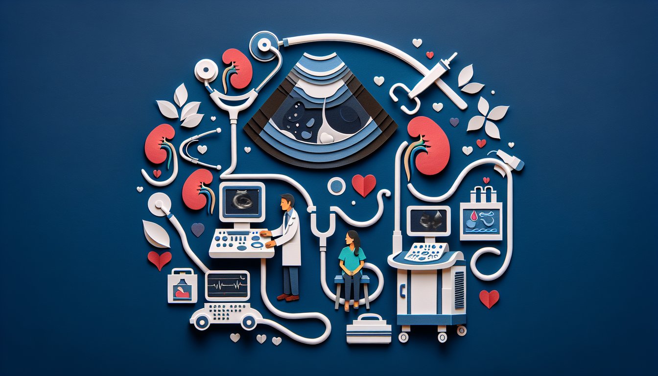 Colorful paper art promoting a quiz on Point-of-Care Renal Ultrasound PrePost Test and Training Survey.