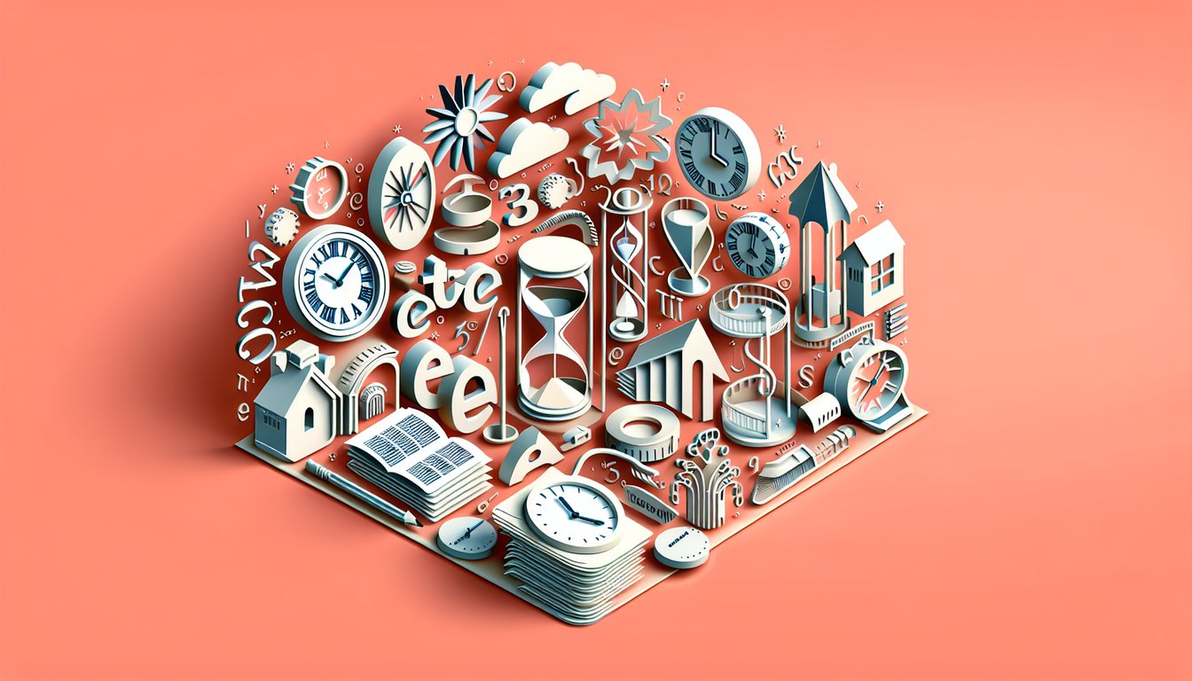 Paper art illustration for 12 English grammar tense quiz with question cards, notebooks and clocks on coral background
