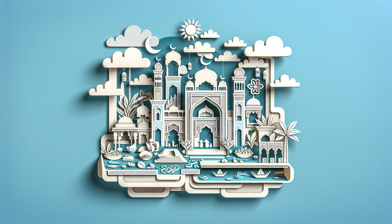 paper art illustration showing arabic word cards pencil and checkmark for vocabulary quiz on sky blue background