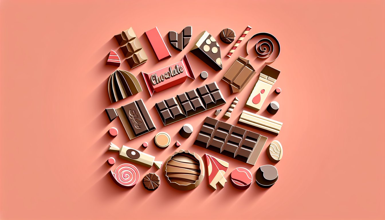 Paper art chocolate bars and slogan cards on coral background for quiz matching iconic candy bar slogans