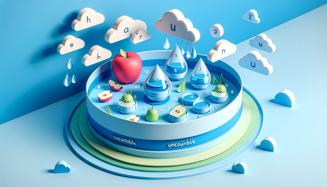 Paper art of books apples and water droplets representing countable uncountable nouns quiz on sky blue background