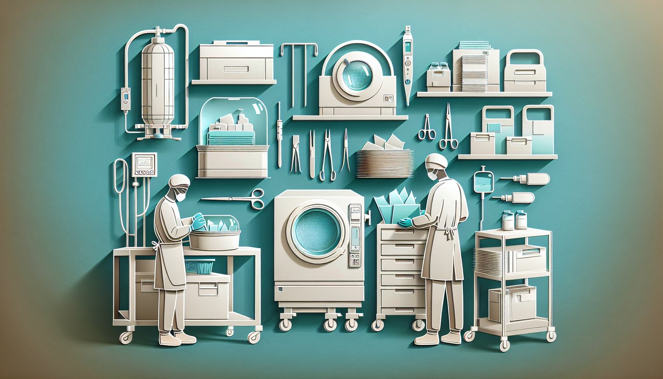 Paper art illustration for free CRCST exam quiz on sterile processing and central service procedures on teal background
