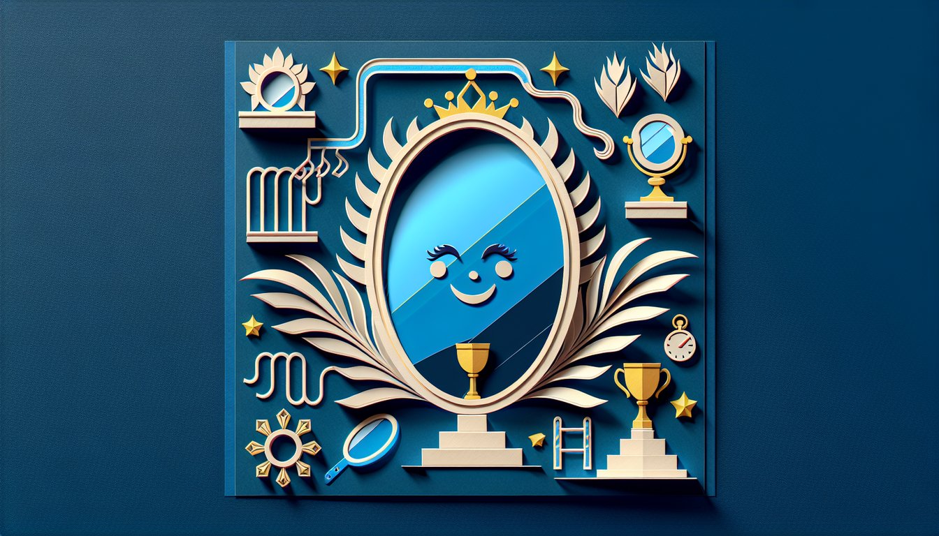 Paper art face with mirror reflection question marks and self absorbed quiz prompt on dark blue background