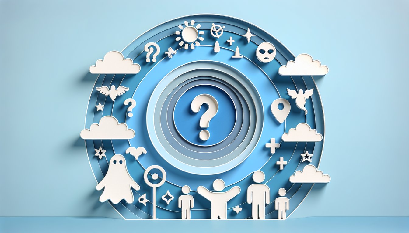 Paper art illustration for a personality quiz to discover if you might be possessed on a sky blue background