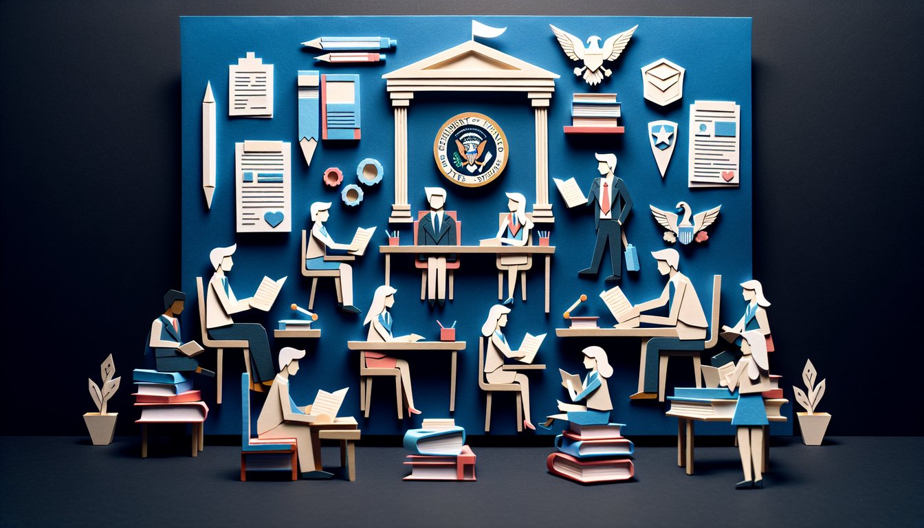 Colorful paper art promoting Executive Power Play, a trivia quiz for high school students.