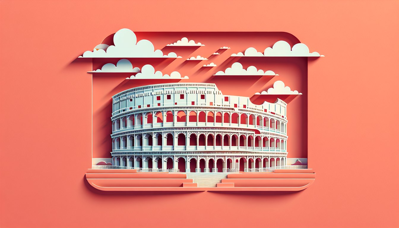 Paper cut Colosseum illustration on coral background with quiz title and Roman architecture details.